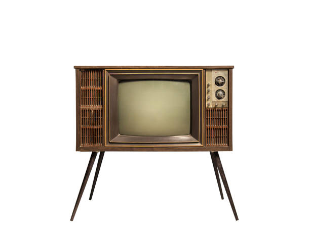istock Retro old TV clipping path isolated on white background, Classic old television technology with wooden case. 1367821958