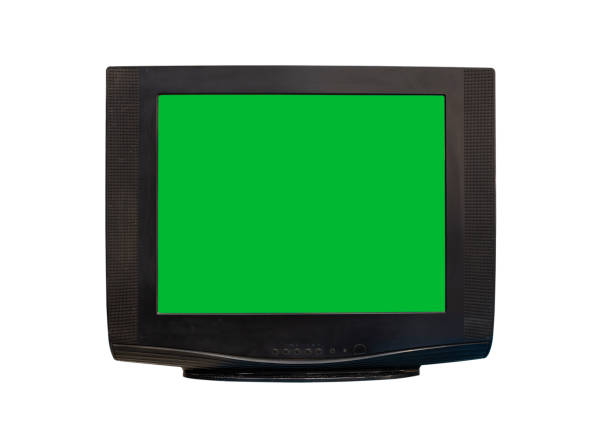 istock Black analog old television with green screen,  clipping path isolated over white background. 1367821969