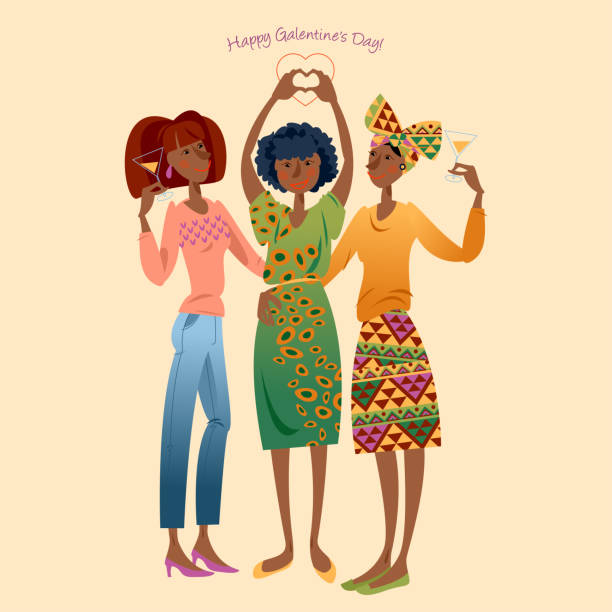 ilustraciones, imágenes clip art, dibujos animados e iconos de stock de tres jóvenes novias africanas están bebiendo vino. - toast party silhouette people