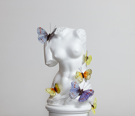 Plaster model of female torso (mass produced replica of Venus de Milo) covered with butterflies