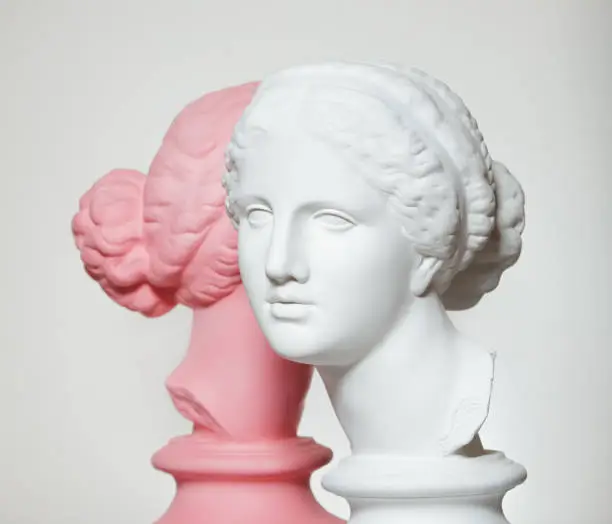 White and pink toned plaster head models (mass produced replica of Head of Aphrodite of Knidos)