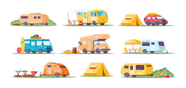 다양한 캠핑 캐러밴 수송 벡터 플랫 일러스트를 수집합니다. 텐트가 있는 여행차 - vehicle trailer stock illustrations