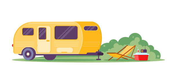 ilustraciones, imágenes clip art, dibujos animados e iconos de stock de remolque amarillo de caravana de camping en parada con silla de hamaca y cóctel de bebidas refrescantes isométricas - mobile home audio