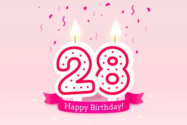 Vector illustration of Happy Birthday years. 28 anniversary of the birthday, Candle in the form of numbers. Vector