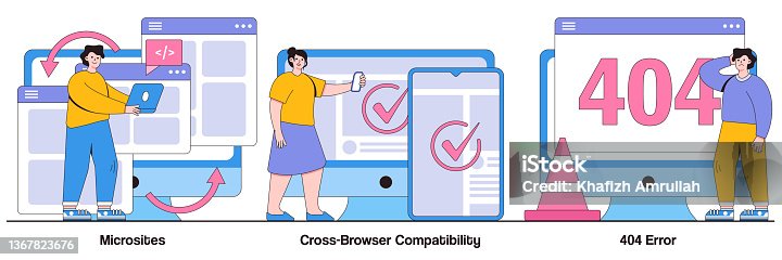 istock Microsite interface, cross-browser compatibility, 404 error concept with tiny people. Web development vector illustration set. Programming, company page, page not found, website user metaphor 1367823676