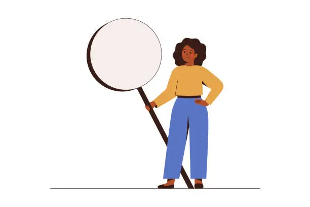 Vector illustration of Businesswoman looks through a big magnifier. African American female inspects or researches something far loupe.