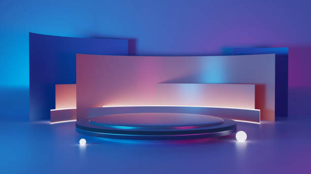 istock Modern Empty Stage Reflective Room With Purple And Blue Glowing Neon Tubes Shape Empty Space. 3d rendering 1367825970