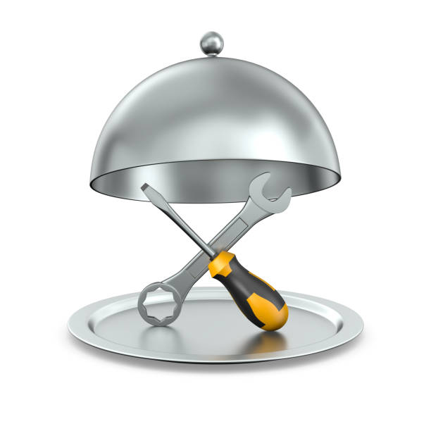 istock open metallic cloche and tools on white background. Isolated 3d illustration 1367826279