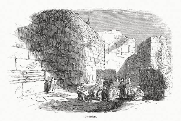 illustrazioni stock, clip art, cartoni animati e icone di tendenza di the western wall in jerusalem, israele, incisione su legno, pubblicato nel 1862 - jerusalem old city middle east religion travel locations