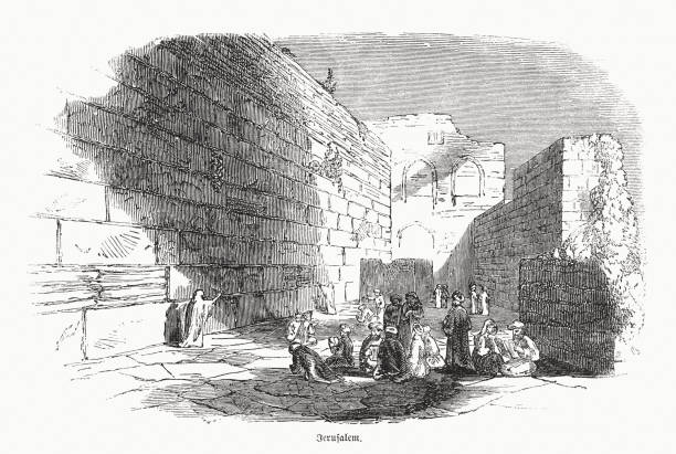 the western wall in jerusalem, israel, wood engraving, published 1862 - kudüs illüstrasyonlar stock illustrations