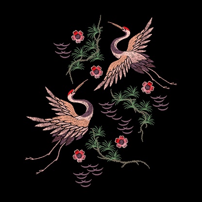 Crane embroidery. Bird heron, japanese cranes and oriental floral elements. Asian ornament silk stitch. Japanese design patch, nowaday vector pattern. Illustration of fabric ornament