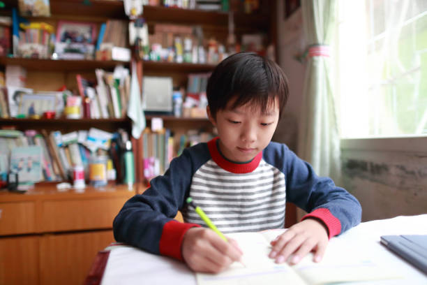 kleiner junge malerei und schreiben - reading and writing little boys reading asian ethnicity stock-fotos und bilder