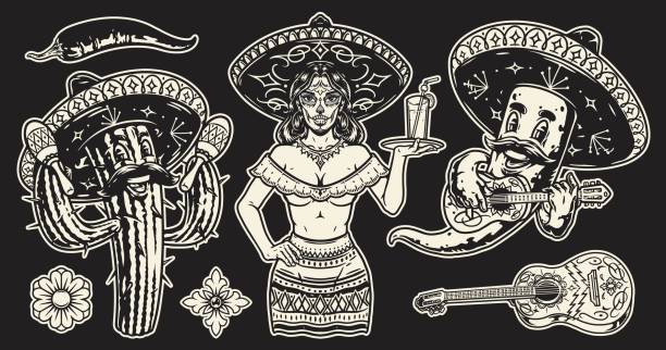 ilustraciones, imágenes clip art, dibujos animados e iconos de stock de pegatinas monocromáticas de personajes mexicanos - guitar playing music human face