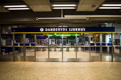 Stockholm, Sweden Jan 1, 2021 The entrance to the Danderyd Hospital tunnelbana or subway station.
