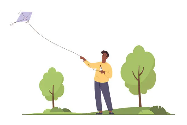 Vector illustration of Young man flying a kite in a green park.