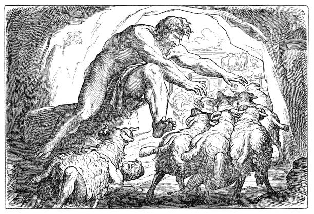 Cyclop Polyphemus searching for Odysseus and his men under the sheeps Cyclop Polyphemus is the one-eyed giant son of Poseidon and Thoosa searching for the greeks.
On finding a large cave, Odysseus and his men entered the cave, where they helped themselves to the food and drink they found there, and fell asleep. After a time, a Cyclops, whose name was Polyphemus, returned to the cave. Leading his flock of giant sheep into the cave, he rolled a huge stone against the mouth of the cave to close the entrance. On finding Odysseus and his men in the cave, the Cyclops became enraged, grabbed two of the men, smashed their heads against the rocks, ate them, and fell asleep.
Odysseus tied each of his men to the belly of one of the giant sheep. When Polyphemus awoke and led the sheep out of the cave, he felt the back of each sheep to make sure no one was on them. Feeling nothing, Polyphemus allowed each sheep to pass out of the cave, carrying with it one of Odysseus crew tied to its belly. Odysseus himself grabbed onto the fleece of the last sheeps belly, and escaped through the mouth of the cave.
Original edition from my own archives
Source : Weltgeschichte 1898 ulysses stock illustrations