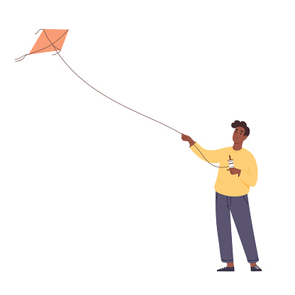 Happy man flying a kite. Flat vector illustration.