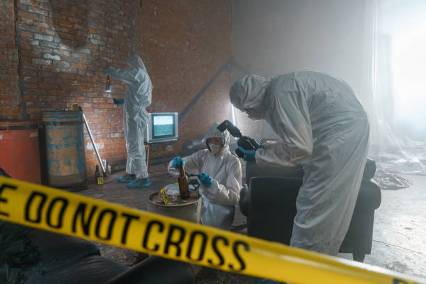 istock Criminologists work in old warehouse, where the crime took place 1367835152
