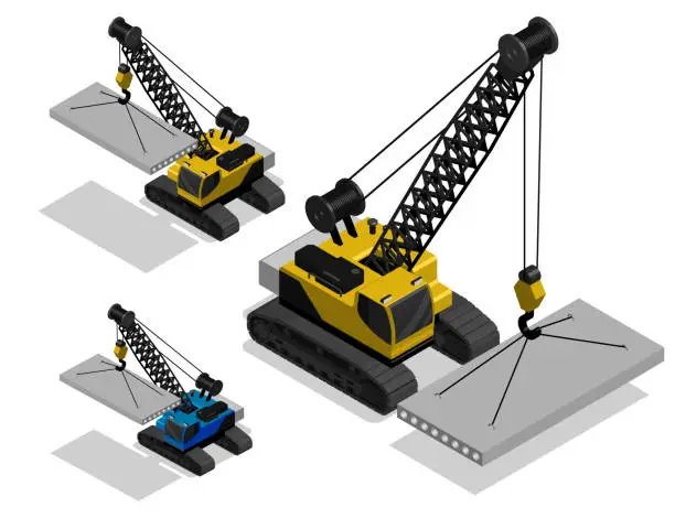 Vector illustration of Isometric Heavy crane for moving heavy loads on construction site. Industrial machinery and equipment. Realistic 3D Vector Isolated on white back