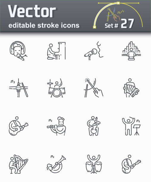 Vector editable stroke line icon set of musicians playing Vector editable stroke line icon set of musicians playing variable musical instruments conductor baton stock illustrations