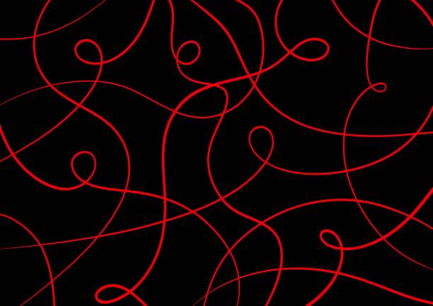 Abstract art background black color with wavy swirl red neon lines. Dark backdrop with curve fluid ribbon. Wave pattern. Modern graphic design with futuristic element.