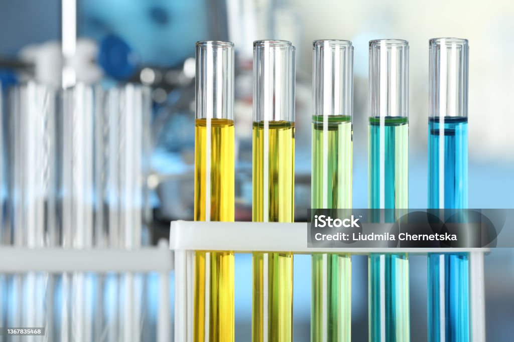 Test tubes with liquid samples in rack, closeup. Laboratory analysis Test Tube Stock Photo