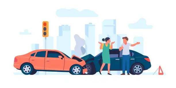 Vector illustration of Car accident. Vehicles crash. Drivers argue at stoplight. Broken automobiles. Traffic rules violation. Transport collision illustration. Wrecked autos and persons quarrel. Vector concept