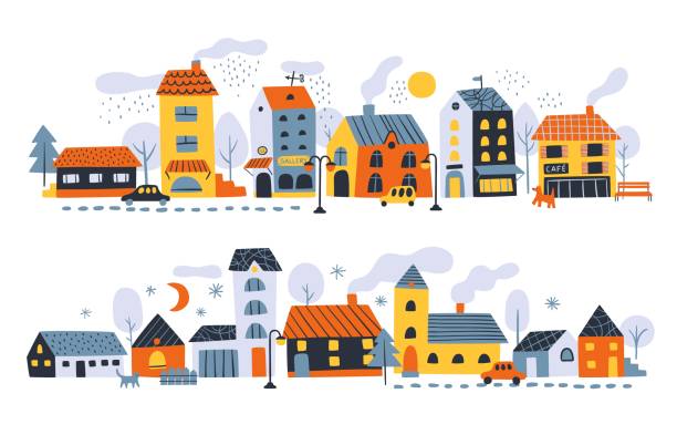 illustrazioni stock, clip art, cartoni animati e icone di tendenza di piccole case strade. piccola città rurale con accoglienti edifici colorati, composizioni di linee. case minuscole, auto e alberi carini, paesaggi urbani, bordo orizzontale, set isolato di cartoni animati vettoriali - townhouse