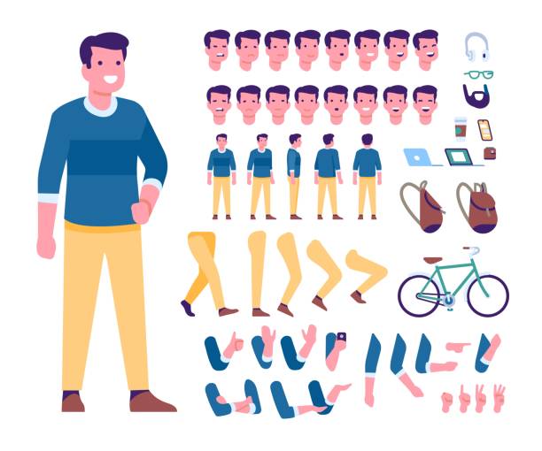 ilustrações de stock, clip art, desenhos animados e ícones de cartoon male character kit. man in casual clothes. human constructor. guy creating. face expressions and gestures. different views. bicycle and backpack. vector body animation elements set - walk cycle