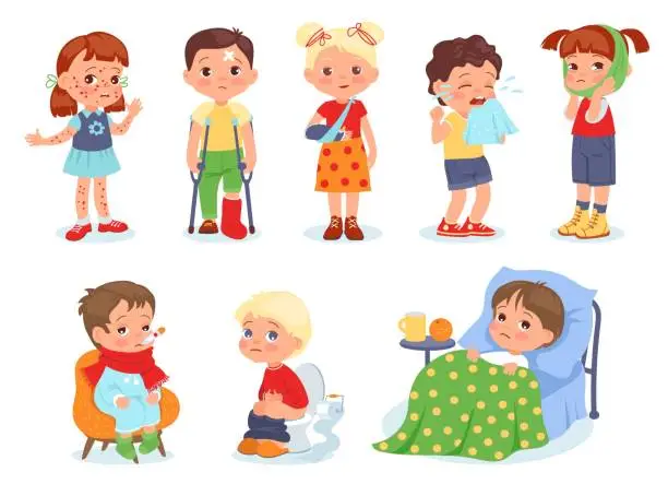 Vector illustration of Ill children. Kids illnesses, injuries and ailments. Girls and boys with cast on arm. Health care. Fractures and toothache. Babies with rash, fever or diarrhea. Vector unhealthy persons set