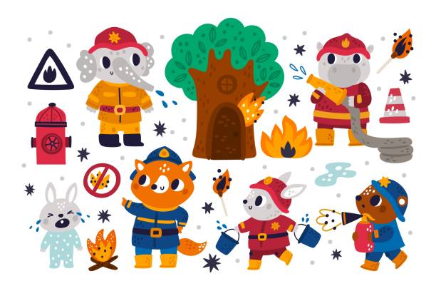 Animals firefighters. Cute kids characters extinguish flame. Fighters with fire and victim rescuers. Elephant in uniform. Bunny and behemoth with emergency hose. Vector cartoon firemen set Animals firefighters. Cute kids characters extinguish flame. Funny fighters with fire and victim rescuers. Elephant in uniform. Bunny and behemoth with emergency water hose. Vector cartoon firemen set fire fox stock illustrations