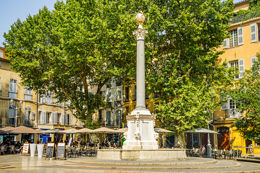 Fountain of the Place de l'Hotel-de-Ville square in Aix-en-Provence during summer in France