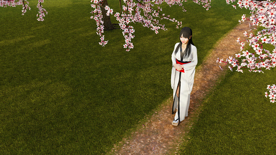 High angle view of beautiful japanese kimono girl walking alone on a trail among lush blooming sakura cherry trees in full blossom. Springtime season 3D illustration from my 3D rendering file.