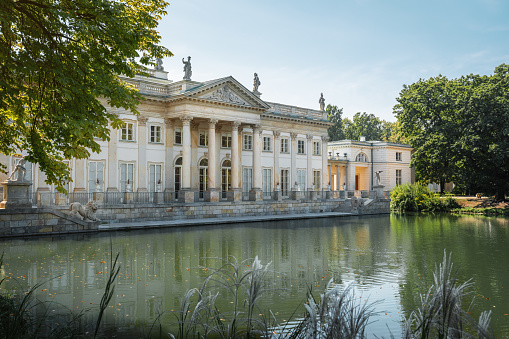 Warsaw, Poland - Aug 25, 2019: Lazienki Palace on the Isle at Lazienki Park - Warsaw, Poland