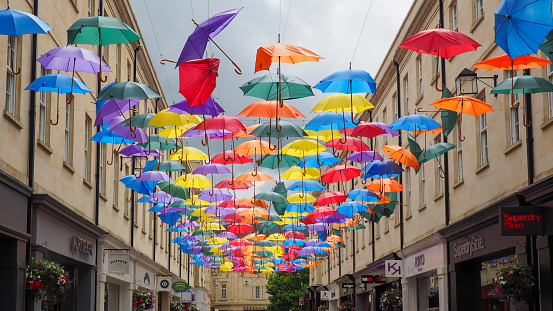 Bath, United Kingdom, 04.08.2016: Colorful Umbrellas in Cornwall, UK
