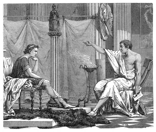 Aristotle teaching Alexander  the Great drawing Aristotle taught Alexander and his friends about medicine, philosophy, morals, religion, logic, and art. Under Aristotle's tutelage, Alexander developed a passion for the works of Homer. Aristotle gave him an annotated copy, which Alexander later carried on his campaigns.
Original edition from my own archives
Source : Weltgeschichte 1898 aristotle stock illustrations