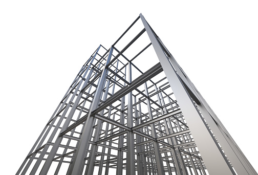 steel structure of steel beams, site under construction seen from below, perspective from the bottom up, construction of new buildings 3D illustration, 3D rendering isolated on white