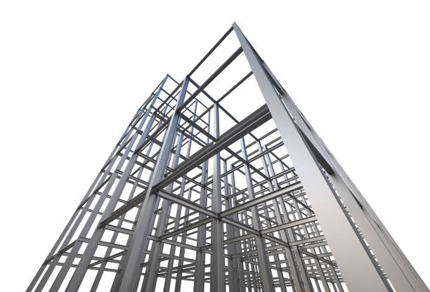 steel structure of steel beams, site under construction seen from below, perspective from the bottom up, construction of new buildings 3D illustration, 3D rendering isolated on white stock photo