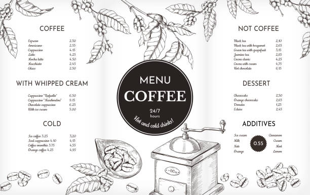 ilustrações, clipart, desenhos animados e ícones de cardápio de café desenhado à mão. café café e restaurante de cafeína menu com esboço de feijão torrado, xícara de café expresso e saco. galhos de plantas. layout gráfico vintage da cafeteria vetorial - coffee bag sack bean