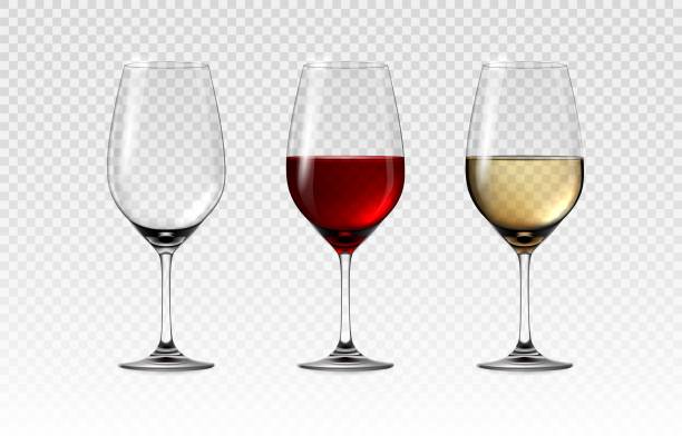 赤と白のワインとグラス。リアルな透明なワイングラス。フルまたは空の3dアルコールガラス製品。ブドウ飲料の提供。分離された透明なゴブレット。ベクターカクテルステムウェアセット - グラス点のイラスト素材／クリップアート素材／マンガ素材／アイコン素材