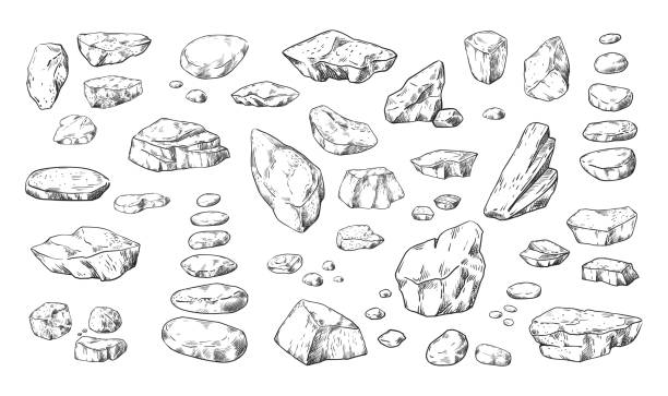 ilustrações de stock, clip art, desenhos animados e ícones de stones sketch. hand drawn pebble and boulders in piles. outline doodle rock structure. natural material. cobblestone shapes. isolated geological elements. vector granite rubbles set - seixo