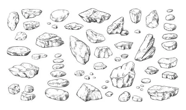 Vector illustration of Stones sketch. Hand drawn pebble and boulders in piles. Outline doodle rock structure. Natural material. Cobblestone shapes. Isolated geological elements. Vector granite rubbles set