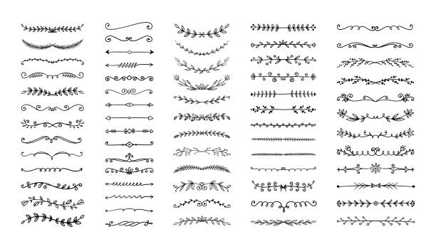 ilustrações, clipart, desenhos animados e ícones de divisor desenhado à mão. elemento ornamental da linha de fronteira. moldura de bandeira floral. seta sublinha. vinheta com flores e folhas. desenho de redemoinho preto vintage. conjunto de esboços de caligrafia vetorial - flourishes