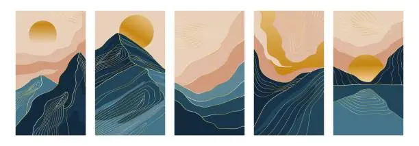 Vector illustration of Abstract landscape posters. Vintage doodle modern mountains graphic. Covers with nature scenes. Outdoor panoramas. Rock ranges. Golden lines. Sunrise sceneries set. Vector card collage