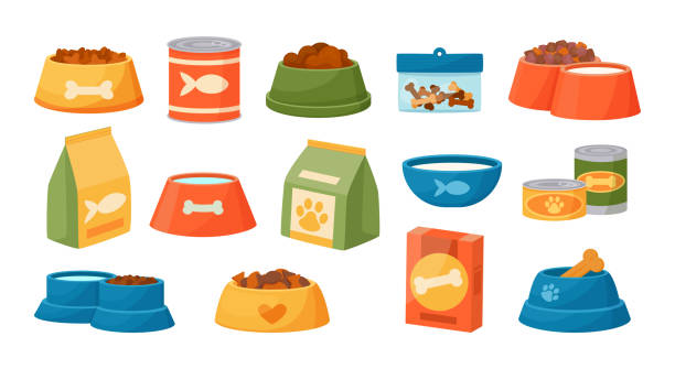 ilustrações de stock, clip art, desenhos animados e ícones de cat and dog food. cartoon pet feed containers or packs. home animals wet and dry meal. round feeders. canine or feline conserve cans. feeding plates. vector snack packaging and bowls set - food dry pets dog