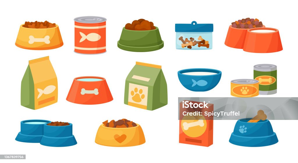 Cat And Dog Food Cartoon Pet Feed Containers Or Packs Home Animals Wet And  Dry Meal Round Feeders Canine Or Feline Conserve Cans Feeding Plates Vector  Snack Packaging And Bowls Set Stock