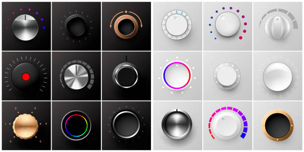 ilustrações de stock, clip art, desenhos animados e ícones de realistic volume dial. metal and plastic radio knob. black and white rotating buttons. stereo sound round tuners. dashboard tumblers with control scales. vector 3d panel switches set - tuner