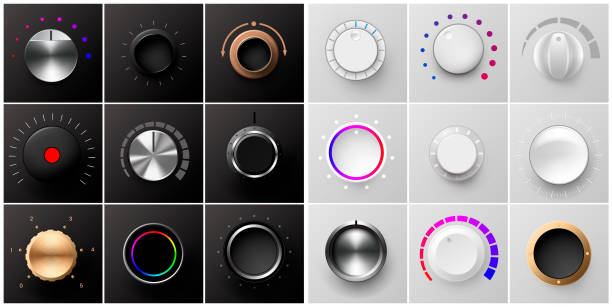 Realistic volume dial. Metal and plastic radio knob. Black and white rotating buttons. Stereo sound round tuners. Dashboard tumblers with control scales. Vector 3D panel switches set Realistic volume dial. Metal and plastic radio knob. Black and white rotating buttons. Stereo sound round tuners. Audio dashboard tumblers with control scales. Vector 3D isolated panel switches set knob stock illustrations