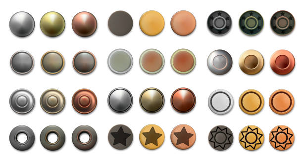 Metal rivets. Realistic antique bronze copper and steel round dress buttons. Vintage sewing accessory. Top view of various dressmaking fasteners. Vector clothing fasten elements set Metal rivets. Realistic antique bronze copper and steel round dress buttons. Vintage sewing metallic accessory. Top view of various dressmaking fasteners. Vector isolated clothing fasten elements set rivet stock illustrations