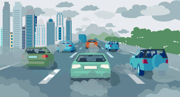 Vector of cars on a highway with carbon dioxide clouds Heavy transport traffic and air pollution concept. Vector of cars on a highway with carbon dioxide clouds smog car stock illustrations